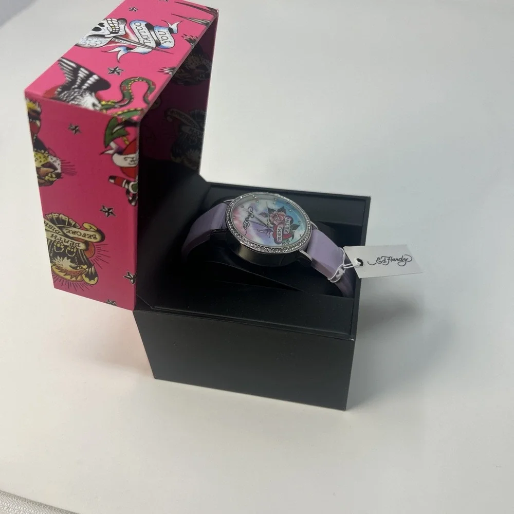 NIB Ed Hardy Women's Quartz Light Purple Silicone Strap Watch Y2K Tattoo Detail